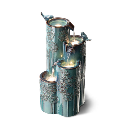 Glitzhome 31.75" H Outdoor Water Fountain with LED Lights and Pump, 4 Tier Dandelion Texture Vase Shaped Ceramic Floor Standing Fountain with Birds for Porch Deck Garden Patio Backyard, Turquoise