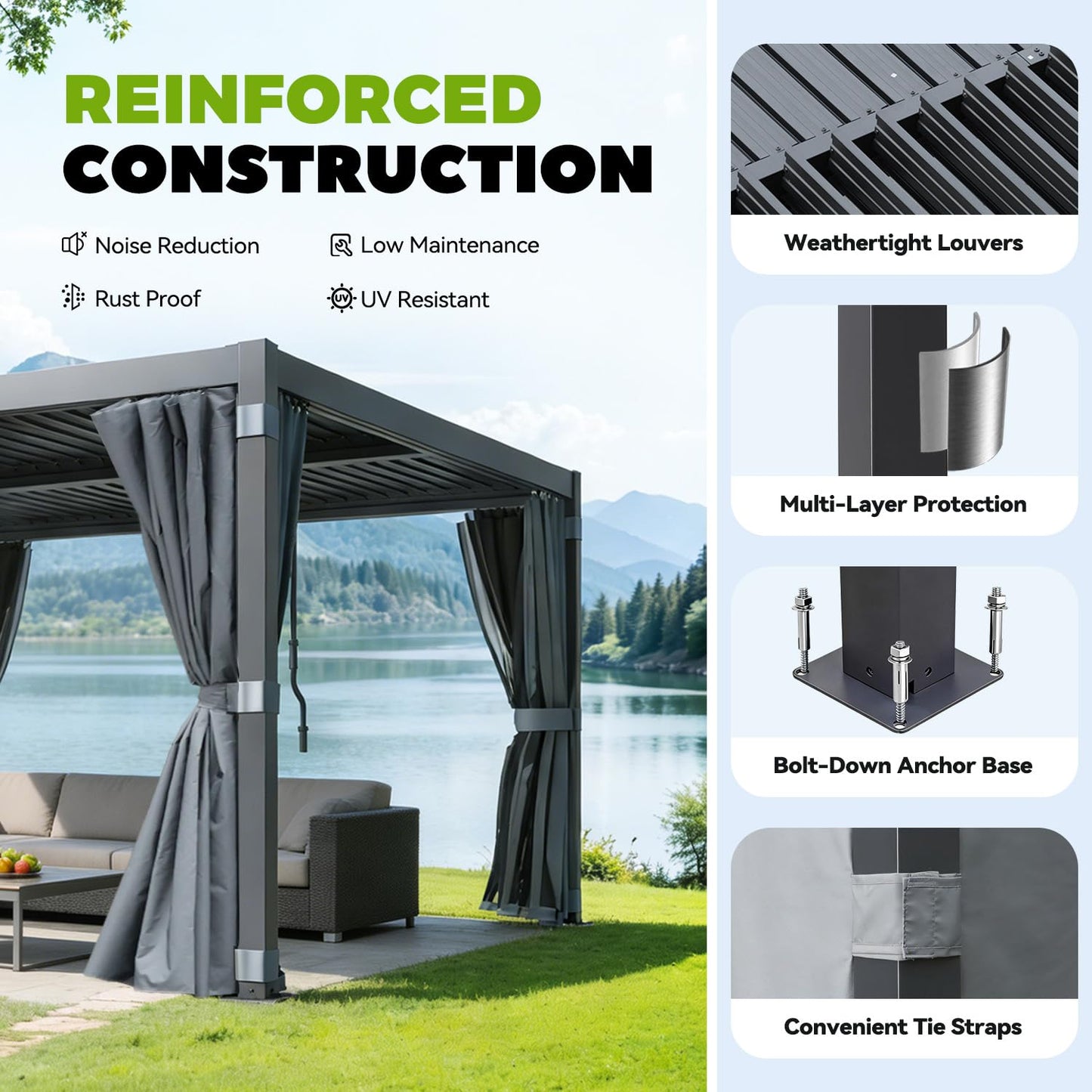 MELLCOM Louvered Pergola 12x20, Steel Aluminum Pergola with Adjustable Louvered Roofs, Outdoor Gazebo with Waterproof Curtains and Nets, Black