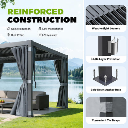 MELLCOM Louvered Pergola 12x20, Steel Aluminum Pergola with Adjustable Louvered Roofs, Outdoor Gazebo with Waterproof Curtains and Nets, Black
