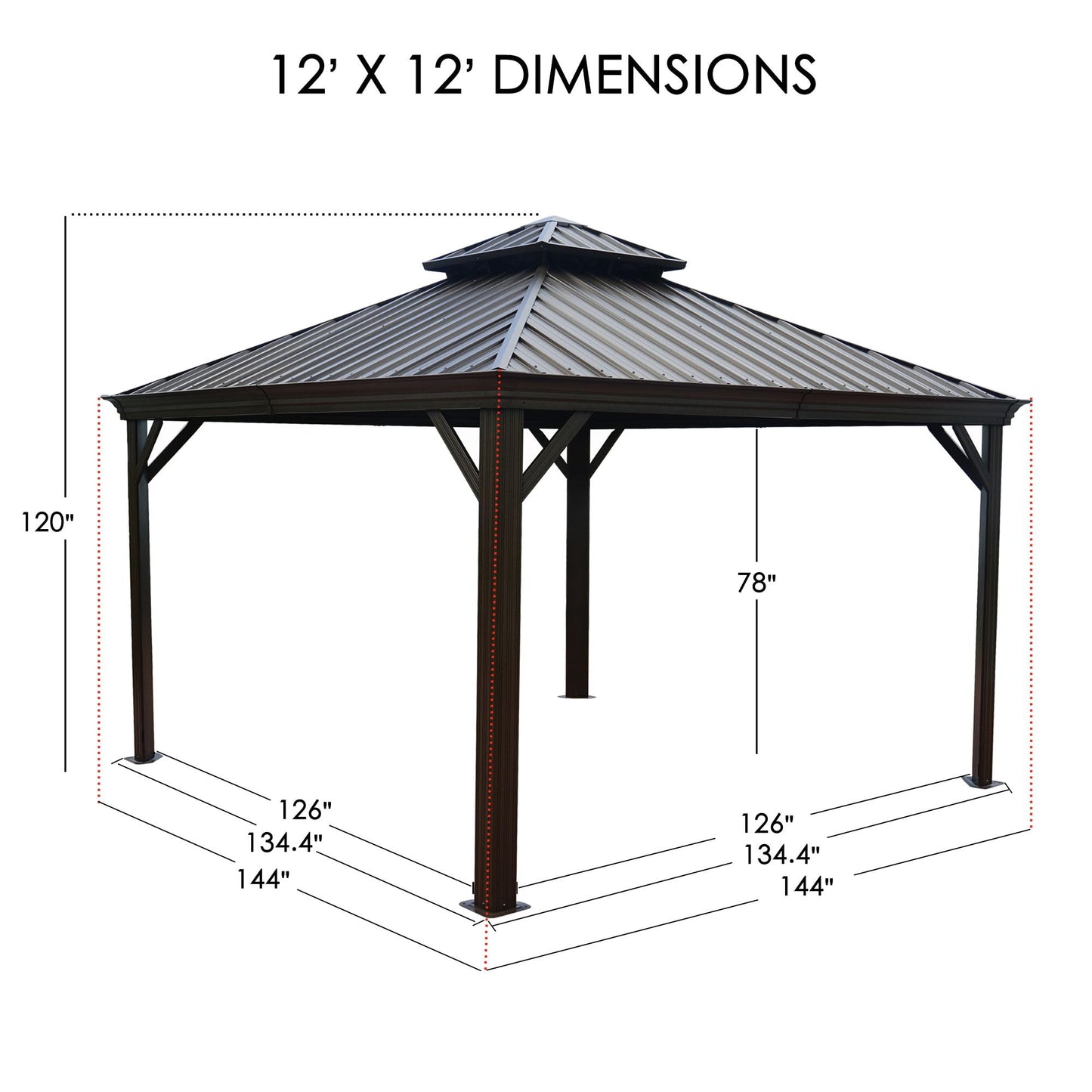 Kozyard Apollo 12’x12’ Hardtop Gazebo, Wooden Coated Aluminum Frame Canopy with Galvanized Steel Double Roof, Outdoor Permanent Metal Pavilion with Netting for Patio Lawn
