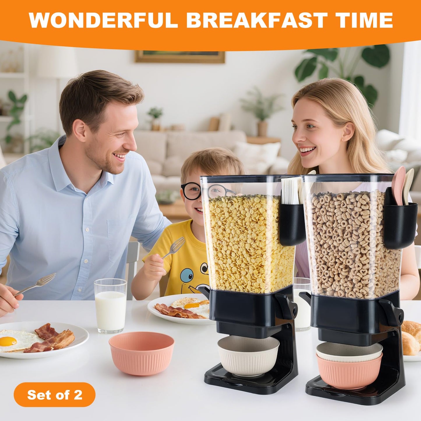Osacoe Cereal Dispenser Countertop Black 2 Pack with Bowls Spoons Cutlery Box,5.5 QT Dry Food Dispenser Snack Organizer Containers Storage for Pantry Kitchen Organization Oatmeal Nut Granola Candy
