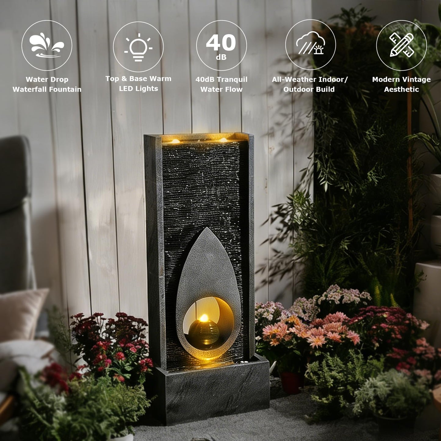 46.5’’Tall Modern Water Fountain Indoor Outdoor Waterfall Feature Floor Standing with Sphere and LED Lights for Garden, Yard, Patio, Deck, Porch, Livingroom Decor