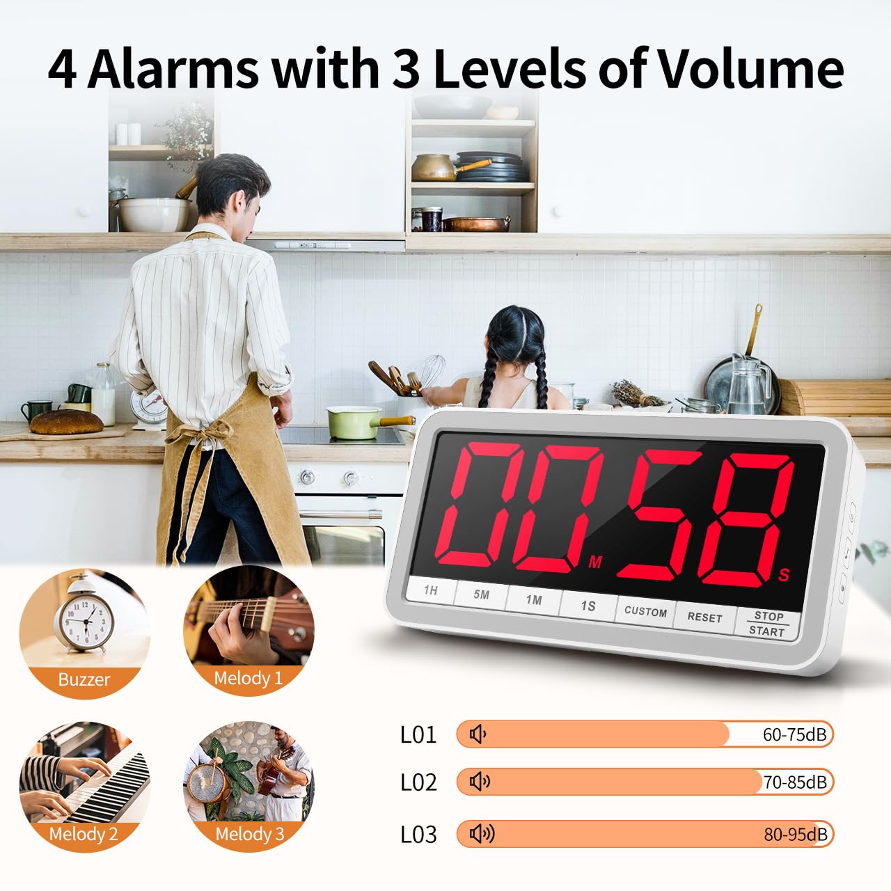 VOCOO Digital Kitchen Timer with 7.8” Extra Large Display, Magnetic, LED with 3 Brightness, 4 Alarms and 3 Volume Levels, Battery Countdown Count Up Timer for Cooking, Classroom, Home Gym (White)