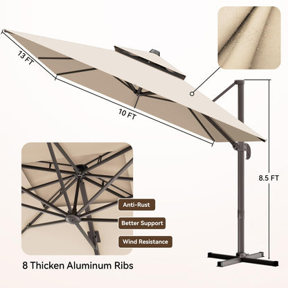 Jentafix 10x13 FT Patio Umbrella, Large Cantilever Rectangular Double Top Heavy Duty Offset Umbrellas with 360° Rotation, Outdoor shade for Garden Deck Pool Patio, Beige