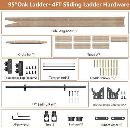 LKCBITION 95inch Oak Wood Ladder with 4ft Black Telescopic Roller Hardware on Sliding Library Ladder, Bottom Wheel with Brakes(Installation Height 89-3/4")