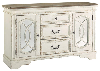Signature Design by Ashley Realyn French Country Distressed Dining Room Server, 3 Drawers, 2 Cabinet Doors, Wood, 59" W x 17" D x 36.5" H, Chipped White
