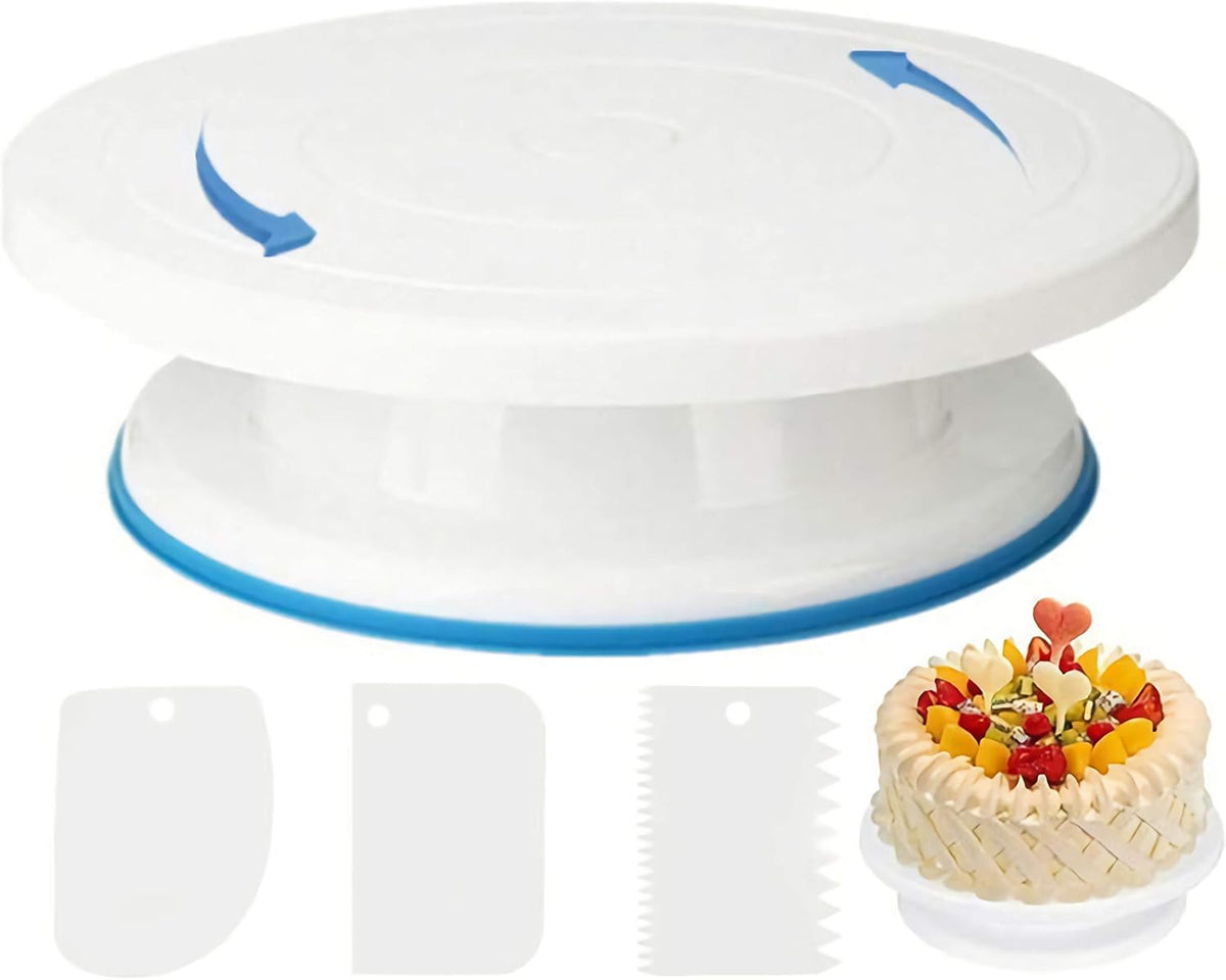 KNC 11 Inch Rotating Cake Turntable with 3x Icing Smoother, Cake Decorating Tools, White Baking Supplies
