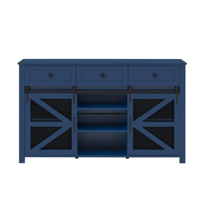 GDFStudio 55" Farmhouse Buffet Cabinet with Sliding Barn Mesh Doors & 3 Drawers, Sideboard Storage Cabinet with Adjustable Shelves, Coffee Bar Cabinet Credenza for Dining Room Living Room, Navy Blue