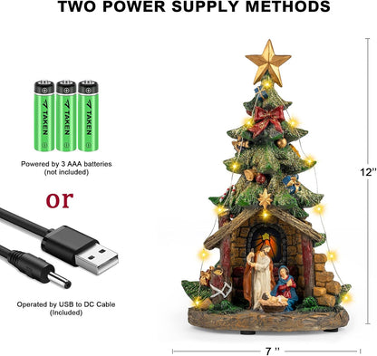 12'' VISFLAIR Christmas Tree Lighted Manger Nativity Scene, Musical Holy Family Collectible Buildings Figurines LED