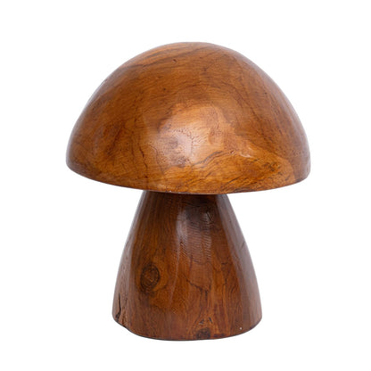 JOLLYMER Handmade Teak Wood Mushroom Decor Statue, Rustic Wooden Sculpture Accent for Living Room, Boho Tabletop Figurine, Natural Solid Wood Home Decoration for Indoor