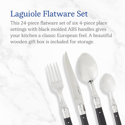 Jean Dubost Laguiole 24-Piece Everyday Flatware Set, Black Handles - Rust-Resistant Stainless Steel - Includes Wooden Tray - Made in France