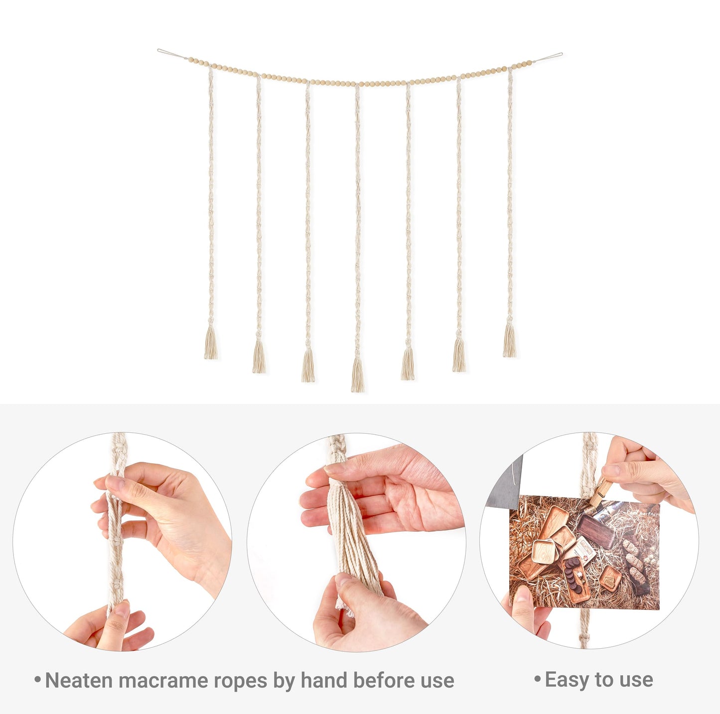 Mkono Macrame Hanging Photo Display Wall Decor with String Lights, Boho Wooden Beads Garland Collage Picture Card Frame Holder with 45 Clips for Bedroom Living Room Dorm, Teen Girls Christmas Gifts