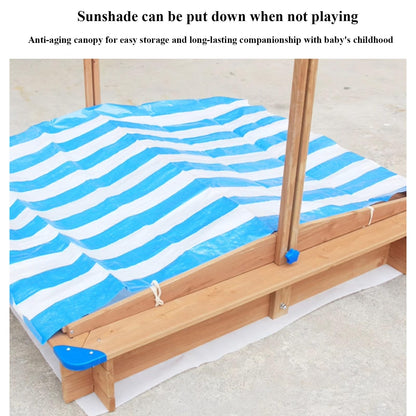 Wood Sandbox with Cover, Sand Box with 2 Bench Seats for Aged 3-8 Years Old, with Adjustable Height Canopy, Sand Pit for Beach Patio Outdoor
