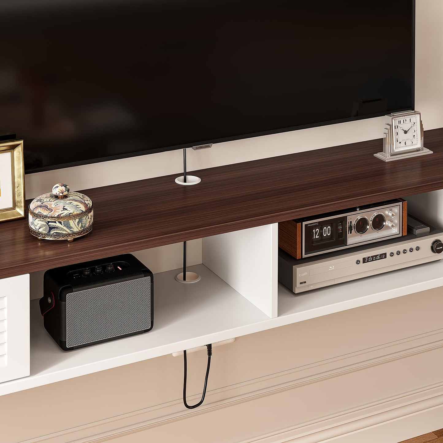 FloatiCasa Floating TV Stand,Plywood Wall Mounted Media Console with 2 Doors & Open Storage,Modern Under TV Cabinet for Living Room & Bedroom,White & Walnut, 78 inch