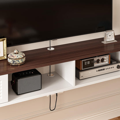 FloatiCasa Floating TV Stand,Plywood Wall Mounted Media Console with 2 Doors & Open Storage,Modern Under TV Cabinet for Living Room & Bedroom,White & Walnut, 78 inch