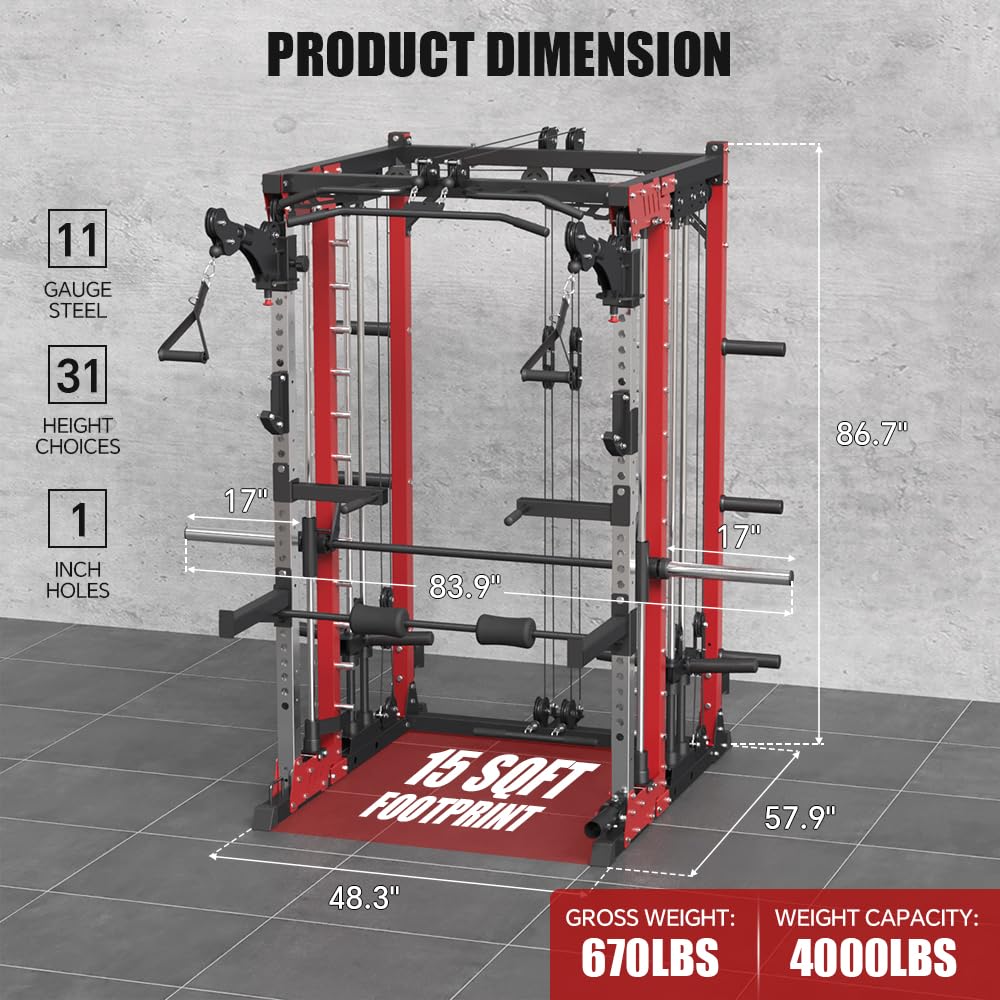 FAGUS H Red Commercial Smith Machine with Smith Bar, 4000LBS Power Cage Squat Rack with Lever Arm, Leg Press, LAT Pull Down System, Multi-Function Linear Bearing Cable Crossover Machine for Home Gym