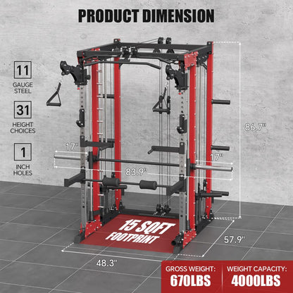 FAGUS H Red Commercial Smith Machine with Smith Bar, 4000LBS Power Cage Squat Rack with Lever Arm, Leg Press, LAT Pull Down System, Multi-Function Linear Bearing Cable Crossover Machine for Home Gym