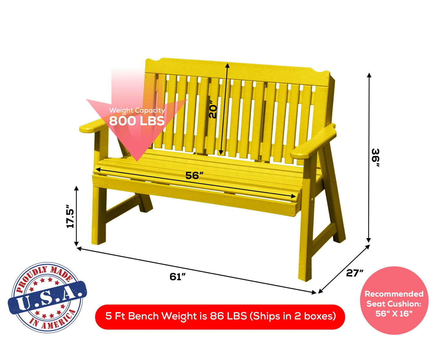 Logan Series 3-Person 5 FT Plastic Poly Lumber Wood Bench Amish Craftsmanship Made in USA HDPE with No wood fibers Memorial Patio Porch Park Church Bench Signature design 800 lbs Limit