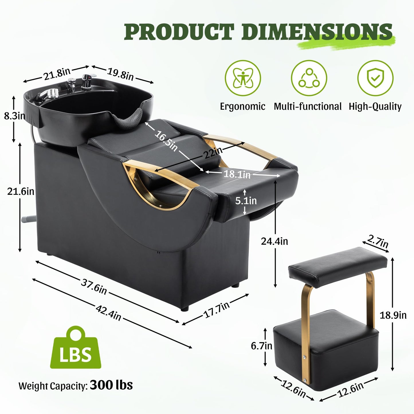 KEIKI Large Shampoo Bowl & Chair Set with Footstool, Black & Gold Barber Backwash Chair, Heavy Duty 300lbs Hair Washing Chair with Deep ABS Basin & Neck Rest for Spa Beauty Stylist