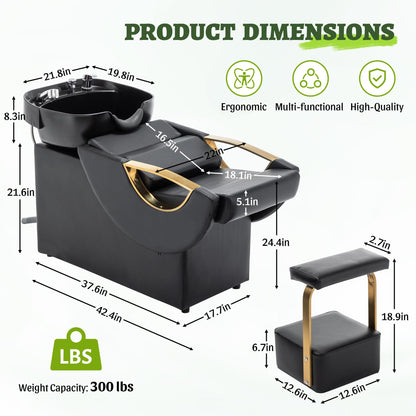 KEIKI Large Shampoo Bowl & Chair Set with Footstool, Black & Gold Barber Backwash Chair, Heavy Duty 300lbs Hair Washing Chair with Deep ABS Basin & Neck Rest for Spa Beauty Stylist