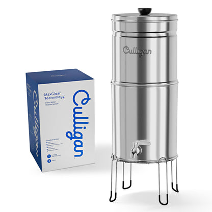 Culligan MaxClear 3 Gallon Gravity Water Filter System, Polished Stainless-Steel Countertop Water Filter NSF/ANSI Certified to Reduce Microplastics, Lead & Total PFAS, with 1 Ceramic Filter