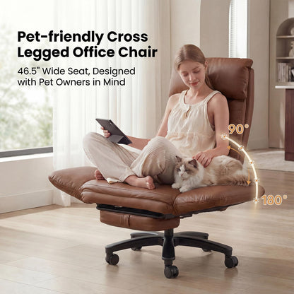JULYMON Cross Legged Office Chair with Pets Friendly Seat, Plus Size Criss Cross Desk Chair, Big and Tall Office Chair with Foot Rest, Reversible Armrests & Wide Seat, Brown