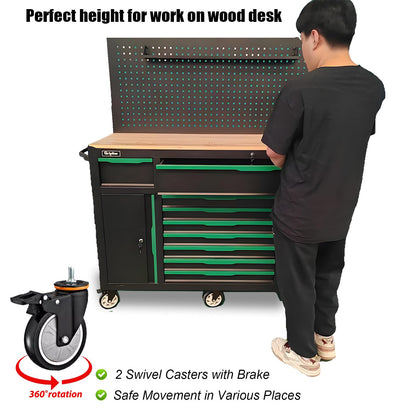 Griplier 13-Drawers Rolling Tool Cabinet with Wood Workbench,Pegboard,60.6W x 22.7D x 66.1H inch,Heavy-Duty Steel Tool Storage,Lock & Key for Home,Garbge or Workshop Use(13 Drawer + 348 Pieces Tools)