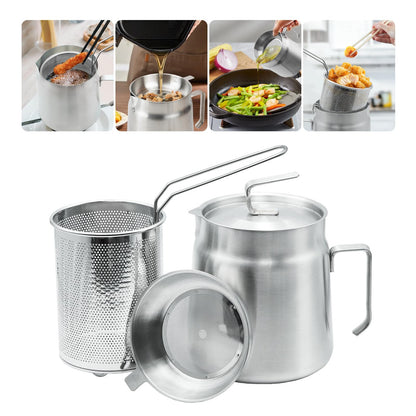 68oz Stainless Steel Oil Filter Pot with Deep Fryer Basket - Kitchen Large Capacity Versatile Oil Strainer Vessel and Bacon Grease Saver for Cooking Grease