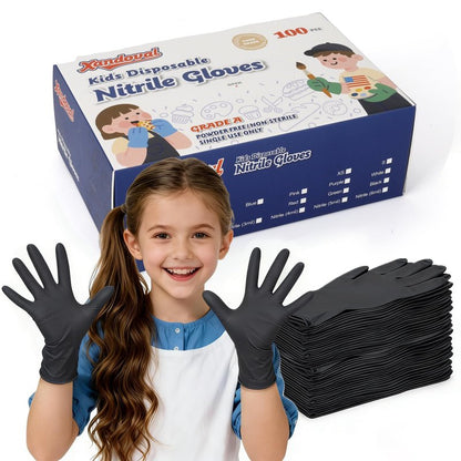 Xandoval Kids Disposable Gloves for 4-8 Years, 5Mil Small Black Nitrile Gloves for Work, Cleaning, Cooking, Gardening，Latex-Free and Powder-Free(XS,100PCS)