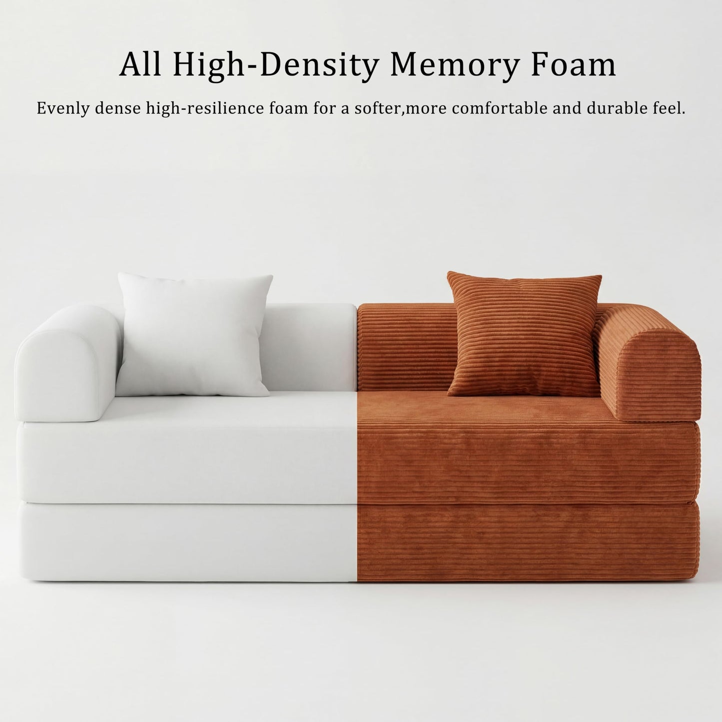 HouseMila 59" Boneless Couch,4-in-1 Futon Sofa Bed Modular Loveseat Sleeper Folding Compressed Couch with Pillows,No Assembly Required Convertible Sofa Bed for Living Room Bedroom Guest Room,Orange