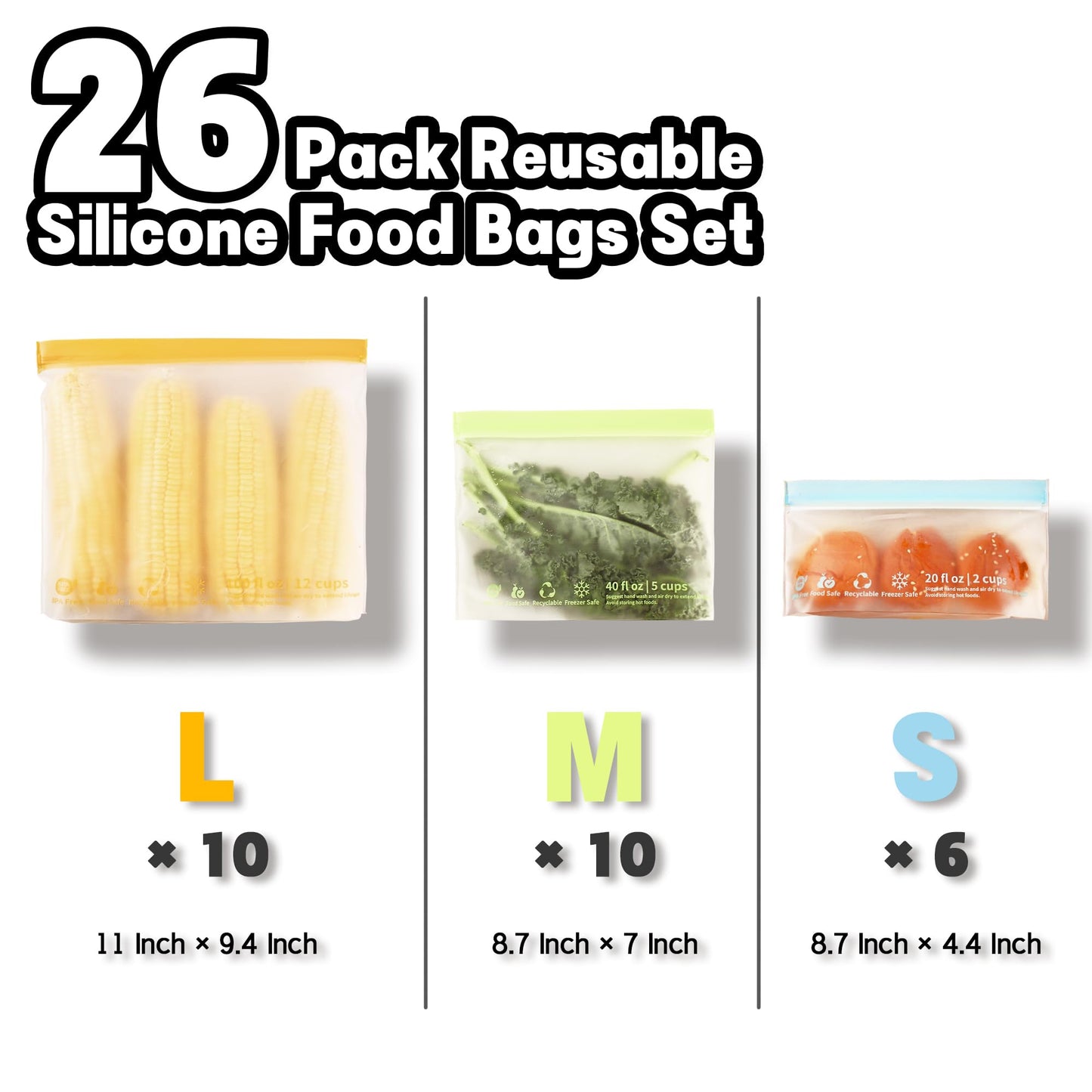 24 Pack Reusable Food Storage Bags,Leakproof Freezer Bags BPA Free Stand Up Sandwich Bags for Lunch Salad Fruit Travel,Dishwasher Safe(8 Gallon,8 Sandwich,8 Snack)