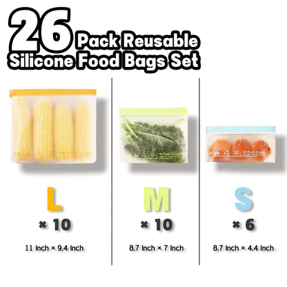 24 Pack Reusable Food Storage Bags,Leakproof Freezer Bags BPA Free Stand Up Sandwich Bags for Lunch Salad Fruit Travel,Dishwasher Safe(8 Gallon,8 Sandwich,8 Snack)