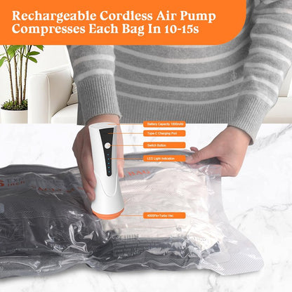 Vacuum Storage Bags for Travel with Rechargeable Air Pump - 16 Pack Vacuum Seal Bags for Clothing Space Saver, Compression Packing Bags for Suitcase Luggage, Blankets, Bedding, Seasonal Storage
