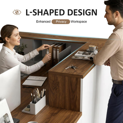 YTElantivo L-Shaped Reception Desk with Counter, 1-Inch Thick Board, Lockable Drawers & Keyboard Tray, Heavy-Duty Front Desk for Office, Salon, Hotel & Clinic