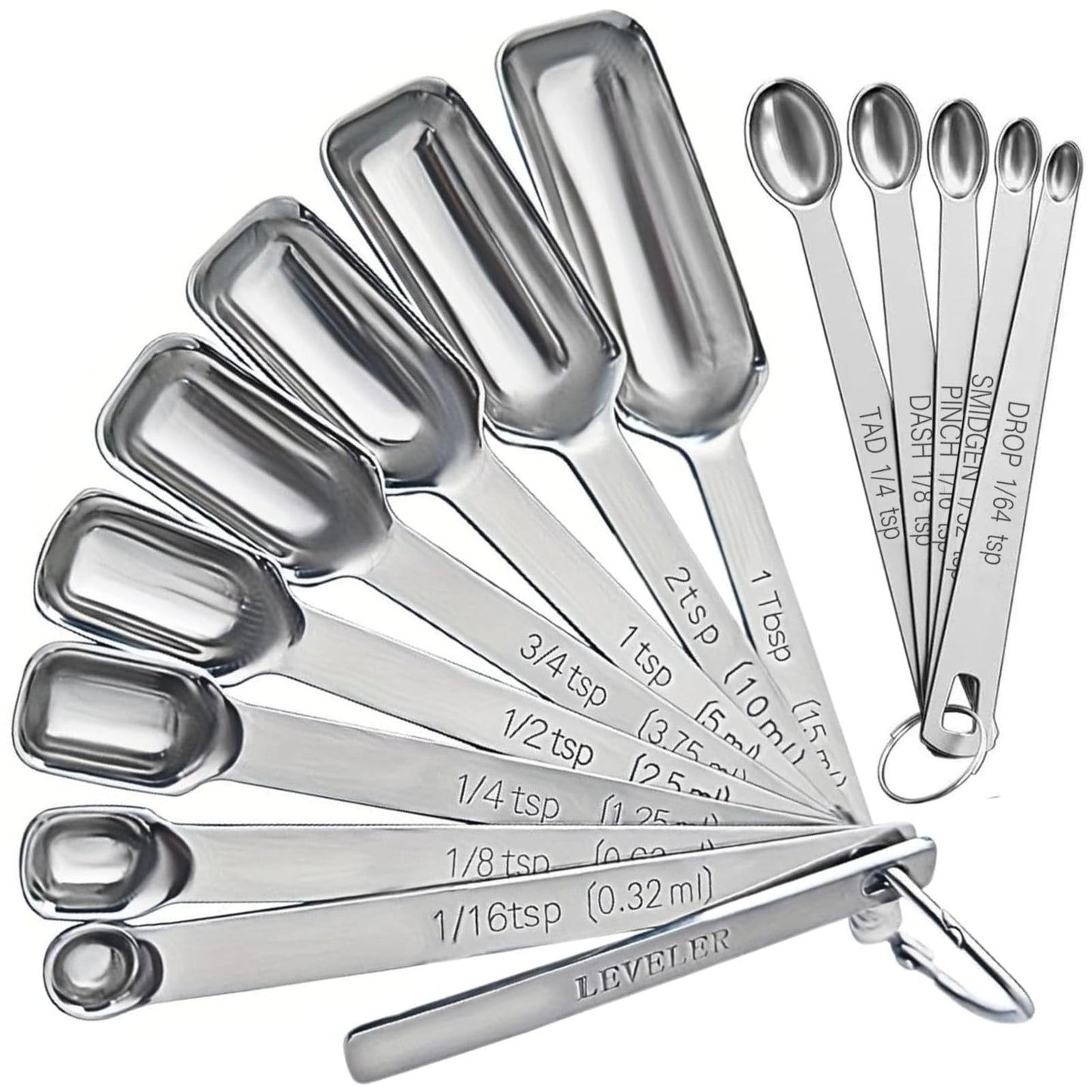 Stainless Steel Measuring Spoons Set of 14 with Leveler, Rectangular Teaspoon & Tablespoon Measuring Spoons for Dry & Liquid Ingredients, Slim Design Fits in Spice Jars
