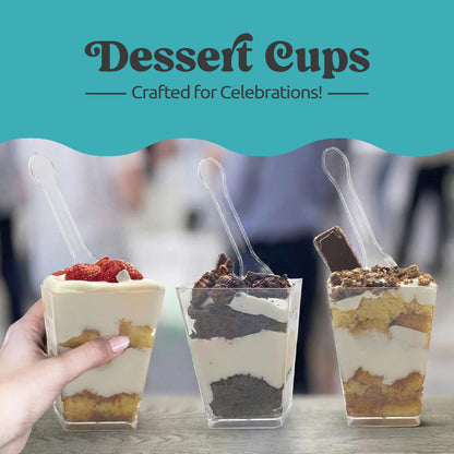 Sammray 100 Pack 5 oz Dessert Cups with Lids and Spoons – Plastic Parfait Cups for Appetizer and Desserts be it, Mousse, Tiramisu, Pudding, or salads - Perfect for Parties