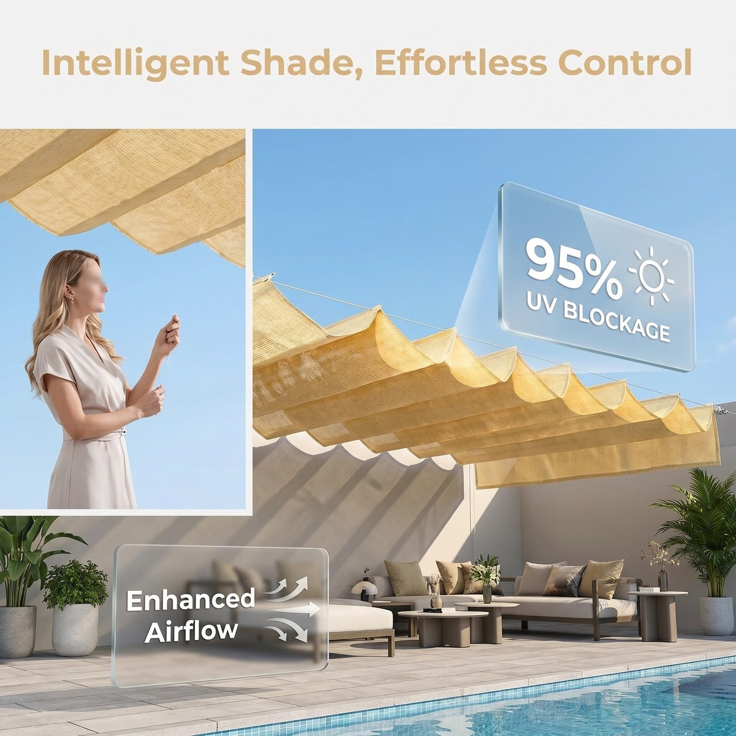 Wave Shade Sail Awning，Retractable Wave Shade Sails，Retractable Sun Shade Canopy Cover Sliding Wave Shade Sail for Pergola Patio Deck Yard Gazebo Outdoor(W1*L14m/W3.28*L45.93ft)