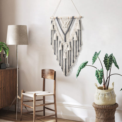 Dremisland Macrame Woven Wall Hanging Boho Geometric Woven Tapestry Beige & Grey Cotton Handmade Bohemian Art Decor with Tassel Craft Ornament for Bedroom Living Room Apartment Nursery (Grey)