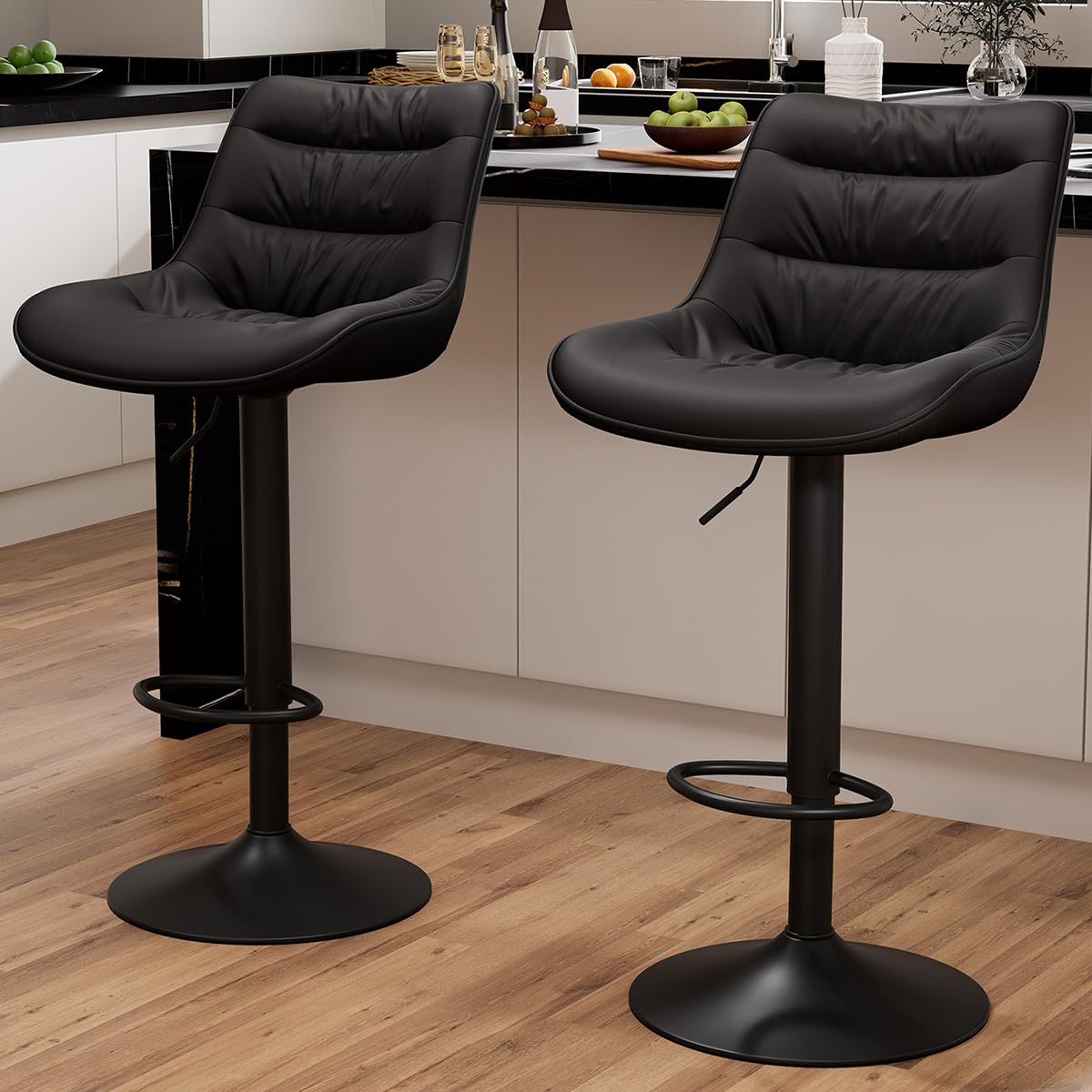 Kidol & Shellder Adjustable Bar Stools Set of 2, Faux Leather Counter Height BarStools with Back, Modern Mid Century Upholstered Bar stools for Kitchen Island Black