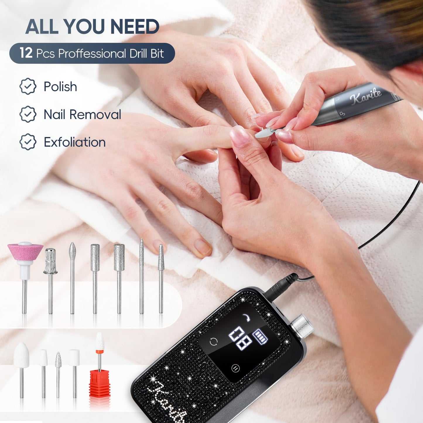 Karite Professional Nail Drill Machine for Acrylic Nails, 35000 RPM Electric Nail File with 13 Bits, 30 Sanding Bands – USB Rechargeable, Portable Electronic Nail Filer for Home Salon Manicure Tools