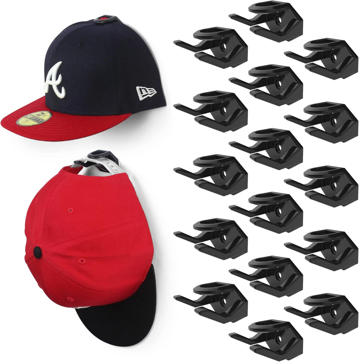Modern JP Hat Hooks - Strong Adhesive Wall Rack for Baseball Caps | 16-Pack, Minimalist Design, Black