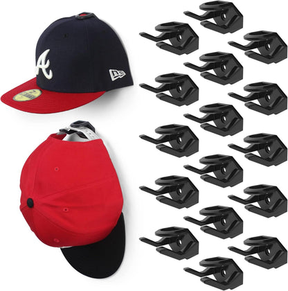 Modern JP Hat Hooks - Strong Adhesive Wall Rack for Baseball Caps | 16-Pack, Minimalist Design, Black