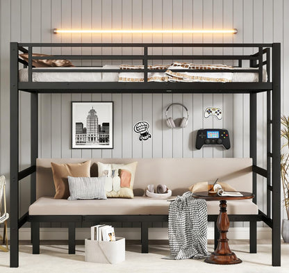 Bellemave Full Over Full Futon bunk Bed, Lower bunk can be Pulled Out in Three Sections, Loft Bed with Sofa for Teens, Adults, Bedroom, Black(Excluding Cushions and mattresses)