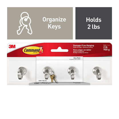 Command Key Rails, Total 2 Key Racks with 12 Command Strips, 2 Pack of 1 Rail, 4 Key Hooks on One Rail, Organize Damage-Free