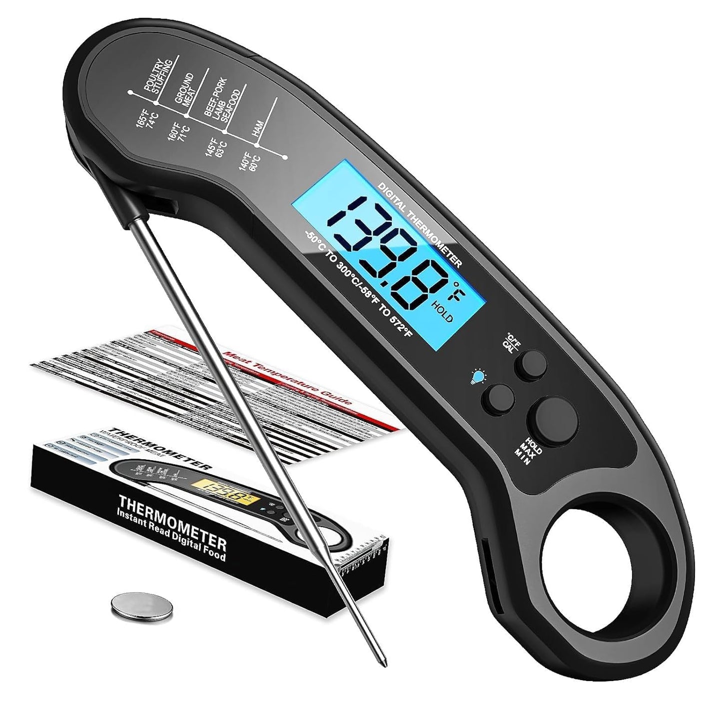 Digital Instant Read Meat Thermometer - Waterproof Food Thermometer for Grill, BBQ, Turkey, Candy, and Liquids