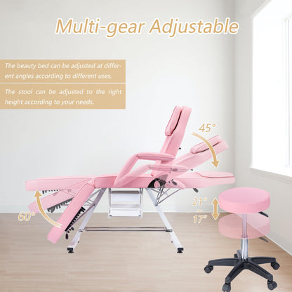 Massage Salon Tattoo Chair with Hydraulic Stool, Adjustable Beauty Facial Bed Table, Pink, Face-Down Cradle for Esthetician