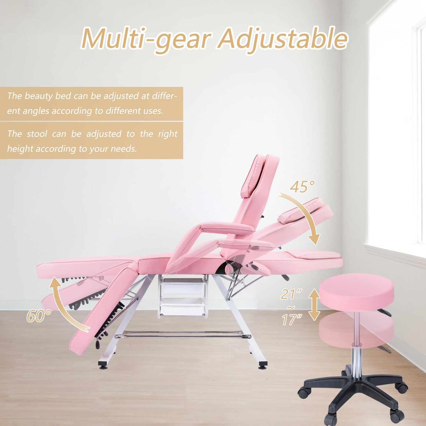 Massage Salon Tattoo Chair with Two Trays Esthetician Bed with Hydraulic Stool,Multi Purpose 3 Section Facial Bed Table, Adjustable Beauty Barber Spa Beauty Equipment, Pink