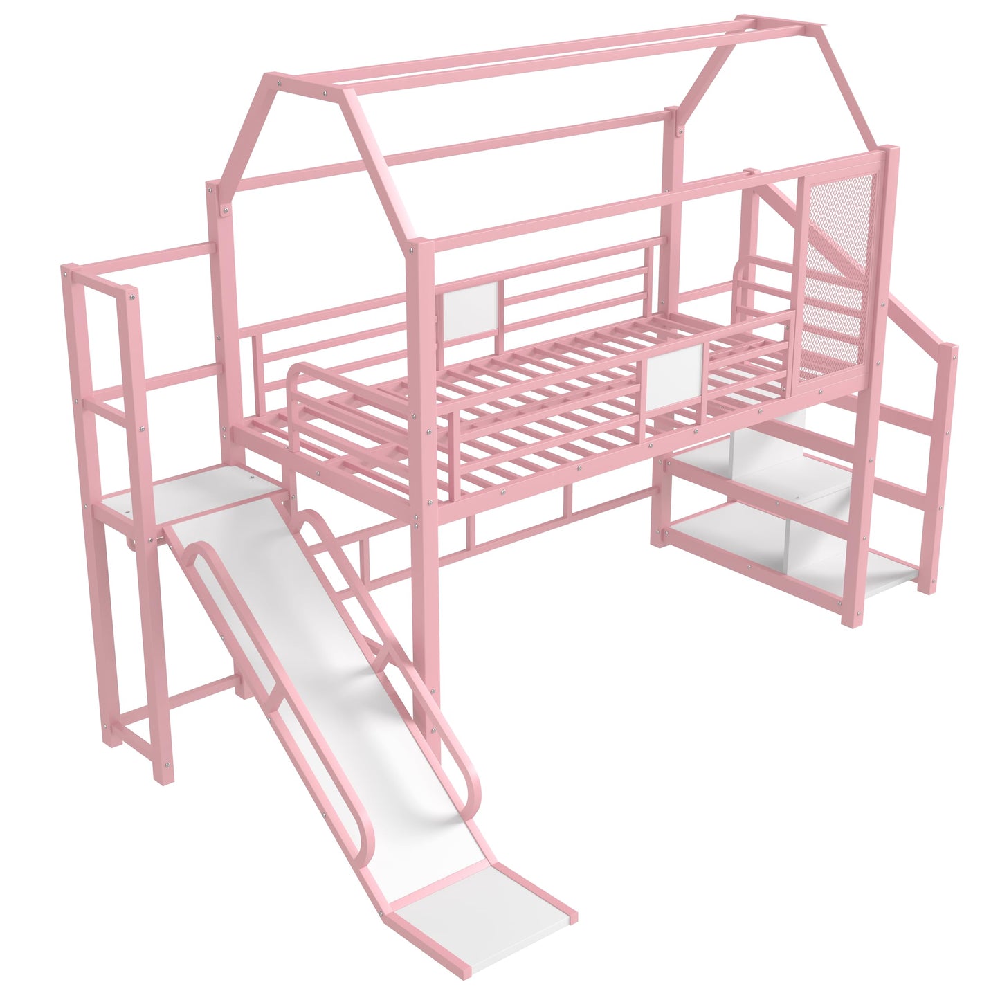 Bellemave Twin Size Metal House Loft Bed with Slide and Stairs,Heavy Duty Playhouse Loft Bed Frame with Storage Shelves for Kids,Teens,Adults,Pink