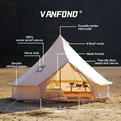 VANFOND Canvas Bell Tent, Yurt Tent with Stove Jack, Waterproof and Breathable Wall Tent, Glamping Tent, Detachable Groundsheet for Camping Party