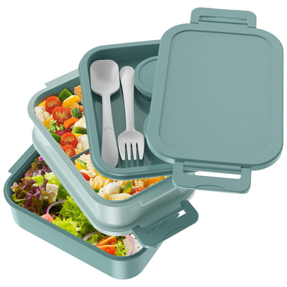 Jelife Bento Box Adult Lunch Box - 72oz Stackable Bento Lunch Box for Adults, 3 Layers All-in-One Large Bento Box Leak-Proof Lunchbox with Utensil Sauce Dressing Containers for Dining Out,Work, Green